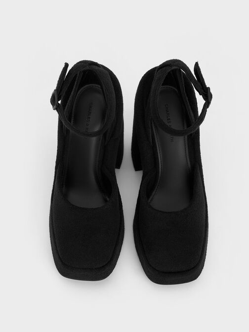 Sepatu Platform Pumps Ankle-Strap Loey, Black Textured, hi-res