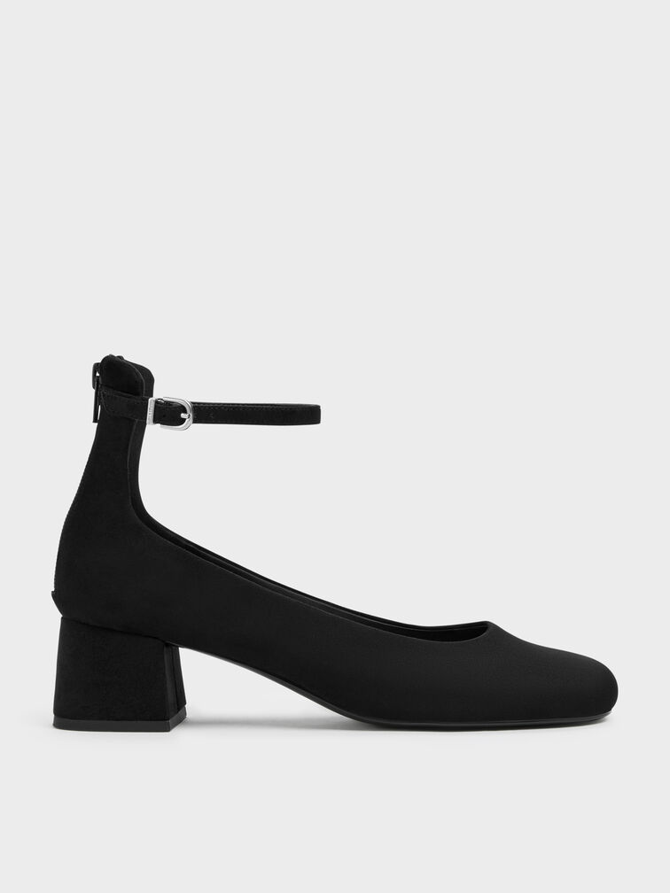 Sepatu Pumps Ankle-Strap Block-Heel Faux Suede, Black Textured, hi-res