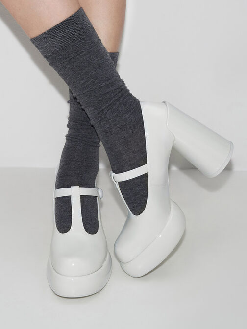 Sepatu Platform Mary Janes Patent T-Bar Darcy, White, hi-res