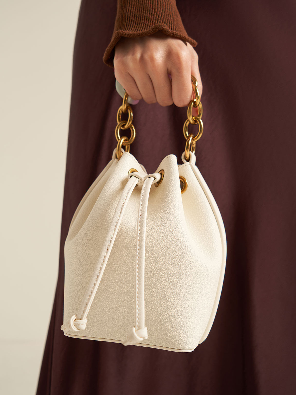 Marlowe Chain-Handle Drawstring Bucket Bag, Cream, hi-res