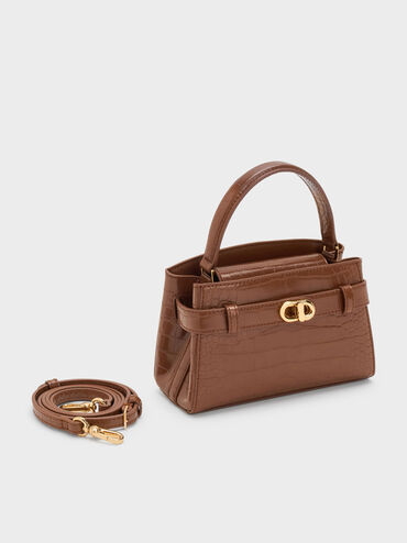 Tas Top Handle Croc-Effect Aubrielle, Chocolate Croco, hi-res