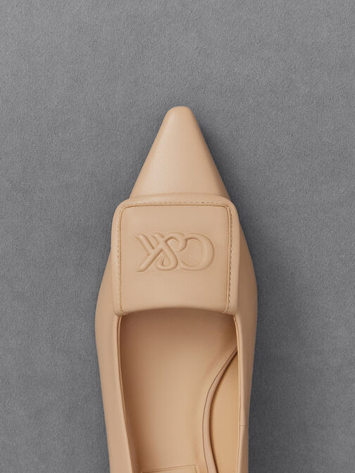 Sepatu Flats Pointed-Toe Leather, Nude, hi-res