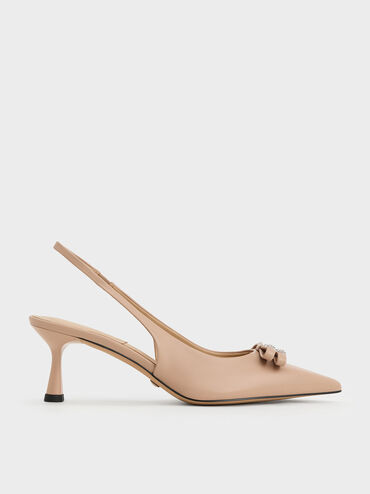 Sepatu Slingback Pumps Square Crystals Pointed-Toe Leather, Nude, hi-res