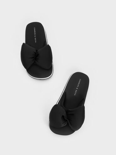 Sandal Slides Puffy Bow, Black, hi-res