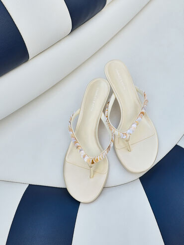 Sandal Thong Heeled Sequinned Briella, Cream, hi-res