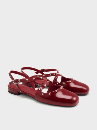 Sepatu Flats Slingback Crossover Studded, Red, hi-res