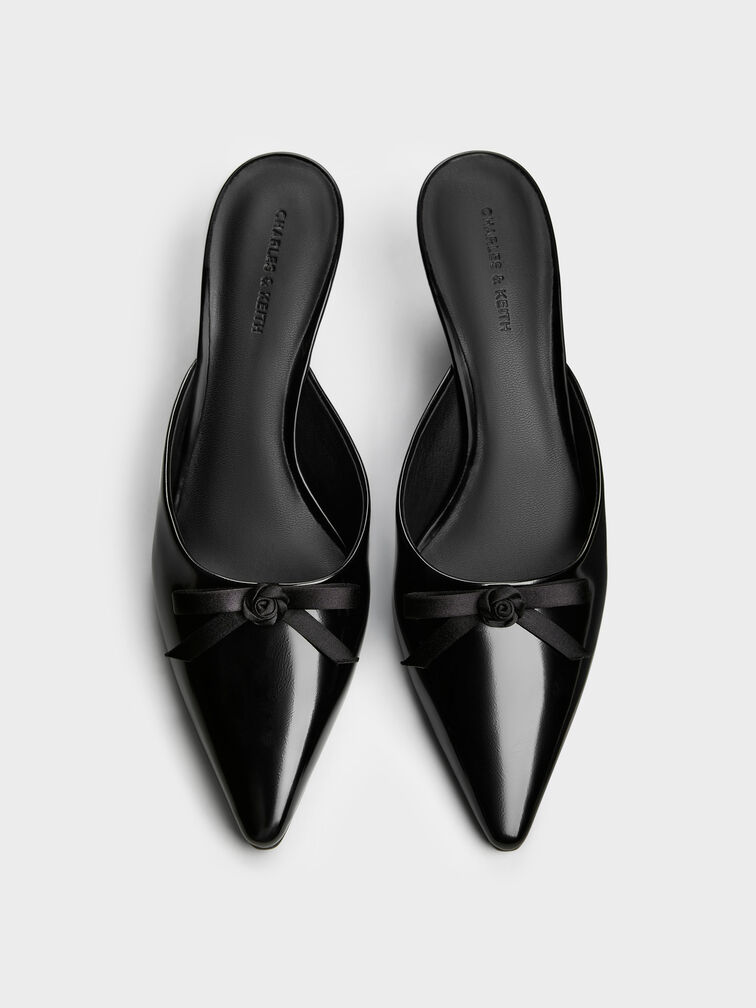 Rose-Bow Pointed Heeled Mules, Black Box, hi-res