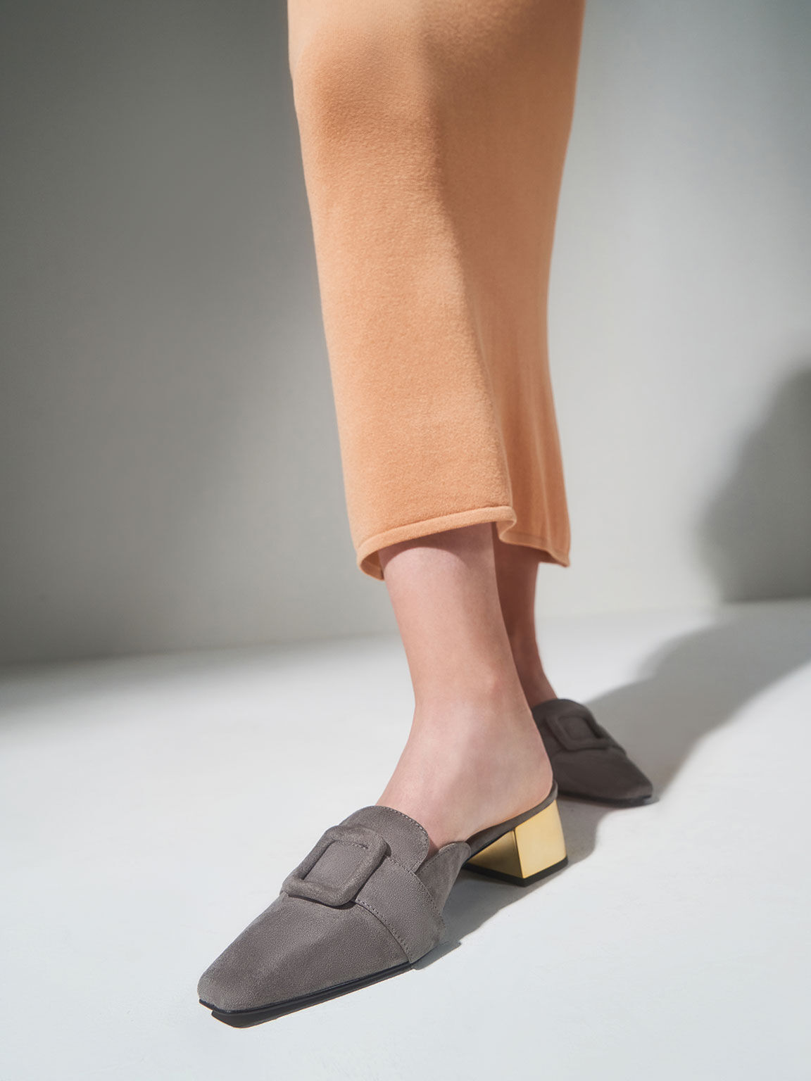 Textured Buckled Mules, Grey, hi-res