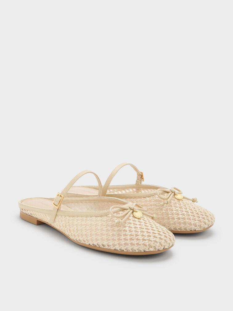 Raffia Bow Mary Jane Mules, Beige, hi-res