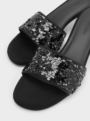 Sepatu Mules Heeled Ruthie Sequinned, Black Textured, hi-res