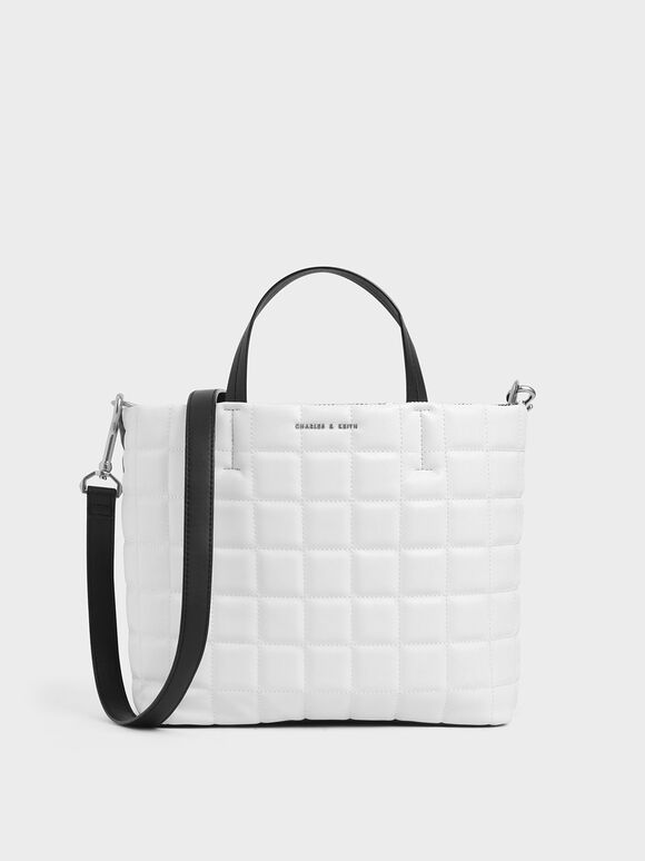 Two-Tone Quilted Short Strap Tote Bag, White, hi-res