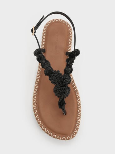 Flower Espadrille Thong Sandals, Black, hi-res