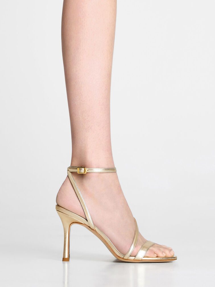 Sandal Strappy Heeled Asymmetric, Gold, hi-res