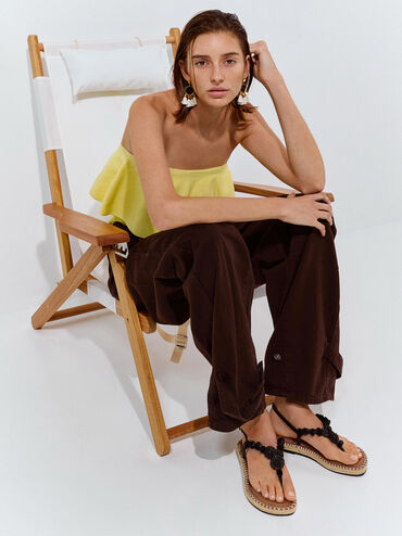 Flower Espadrille Thong Sandals, Black, hi-res