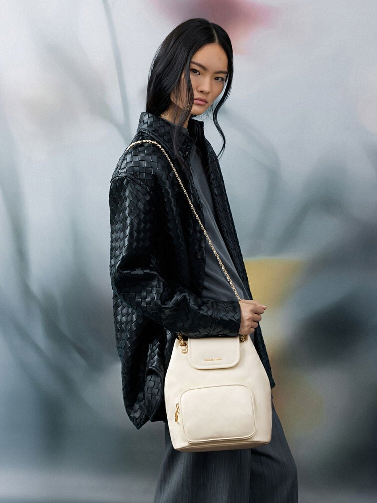 Tas Bucket Flont-Flap Quilted Apfra, Cream, hi-res