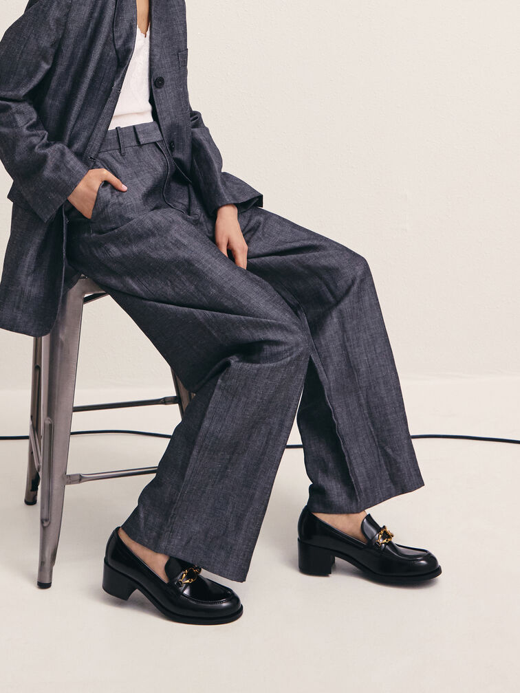 Metallic-Buckle Loafer Pumps, Black Box, hi-res