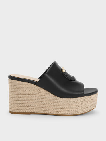 Sepatu Wedges Espadrille Metallic-Accent, Black, hi-res