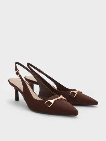 Leslie Faux Suede Metallic-Accent Slingback Pumps, Dark Brown Textured, hi-res