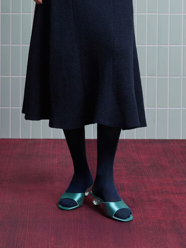 Sepatu Mules Crystal-Heel Satin, Teal, hi-res