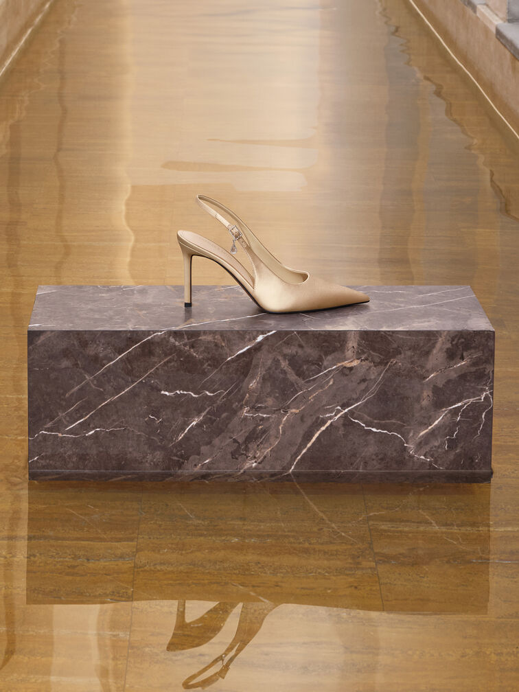 Sepatu Pumps Slingback Stiletto-Heel Teardrop-Crystal Satin, Gold, hi-res