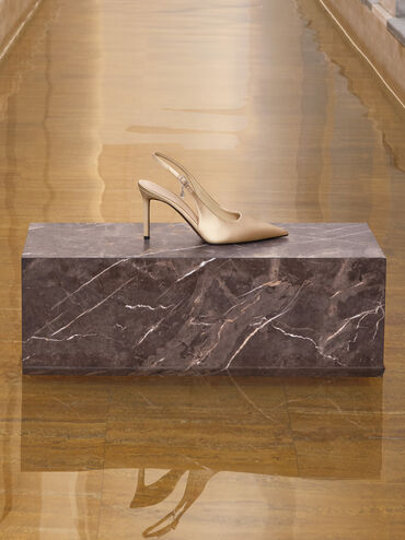 Sepatu Pumps Slingback Stiletto-Heel Teardrop-Crystal Satin, Gold, hi-res