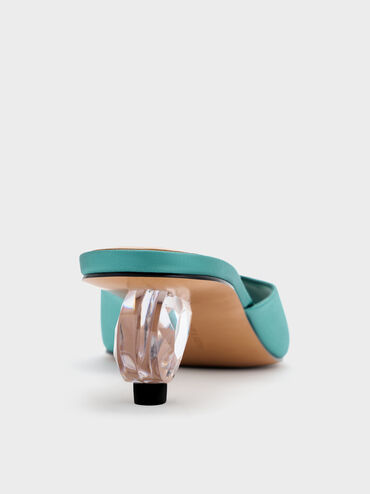 Sepatu Mules Crystal-Heel Satin, Teal, hi-res