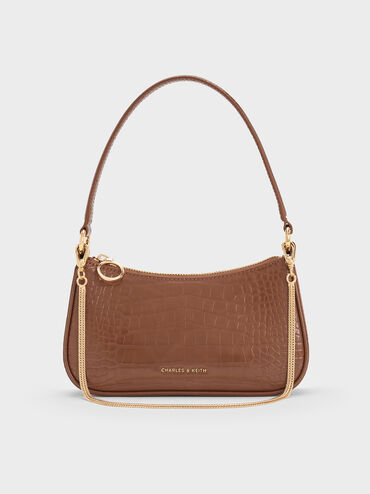 Tas Bahu Chain-Link Croc-Effect Eispeth, Chocolate Croco, hi-res