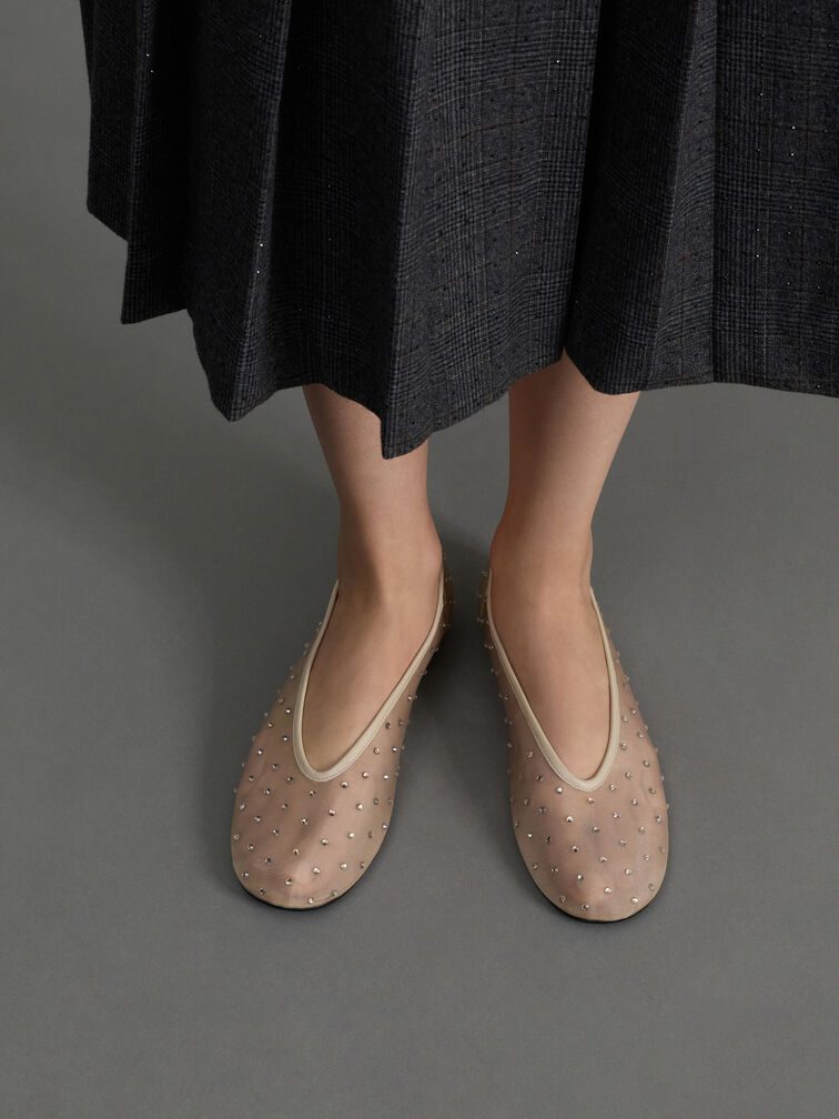 Sepatu Flats Ballet Crystal Mesh, Beige, hi-res
