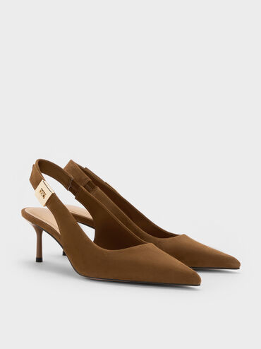 Sepatu Slingback Pumps Kitten-Heel Pointed-Toe Cody Suede, Brown, hi-res