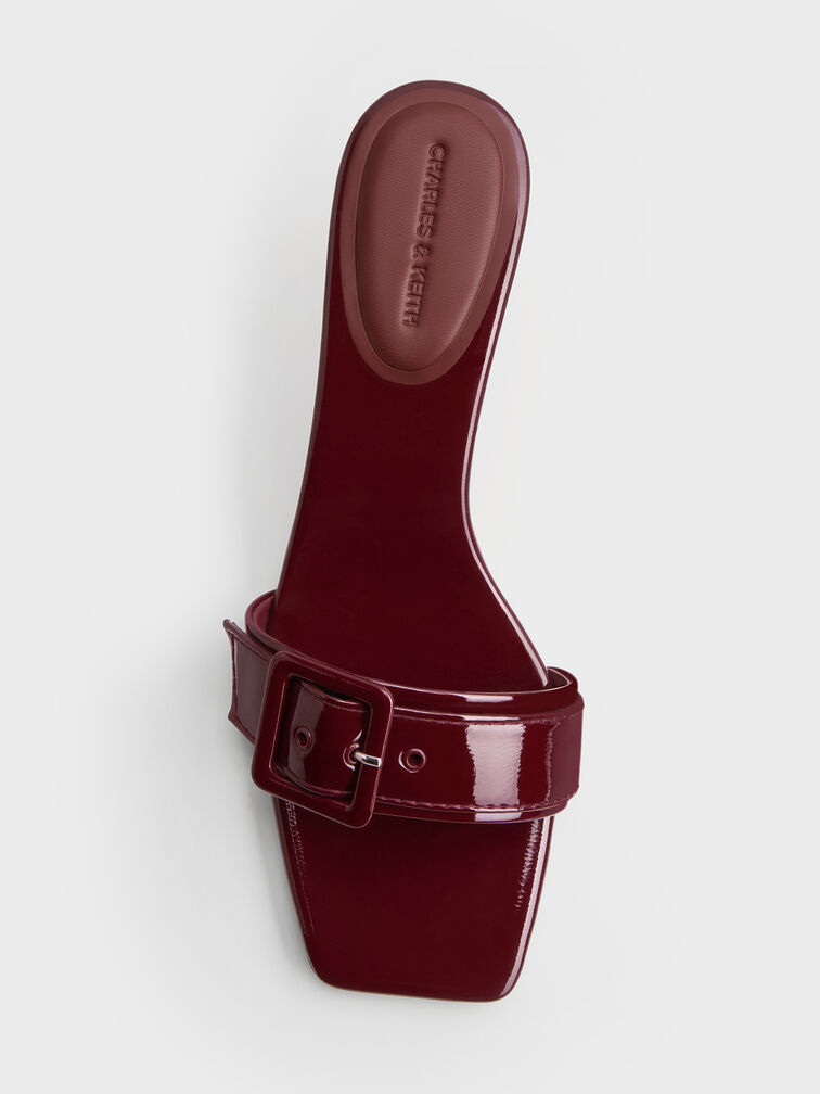 Sepatu Mules Heeld Buckle Strap Patent, Burgundy, hi-res