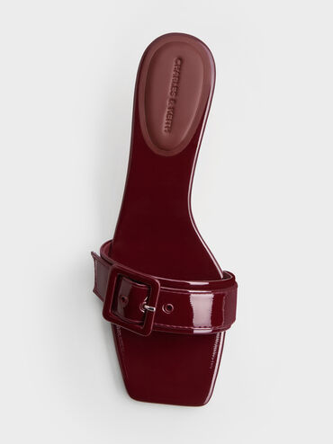 Sepatu Mules Heeld Buckle Strap Patent, Burgundy, hi-res