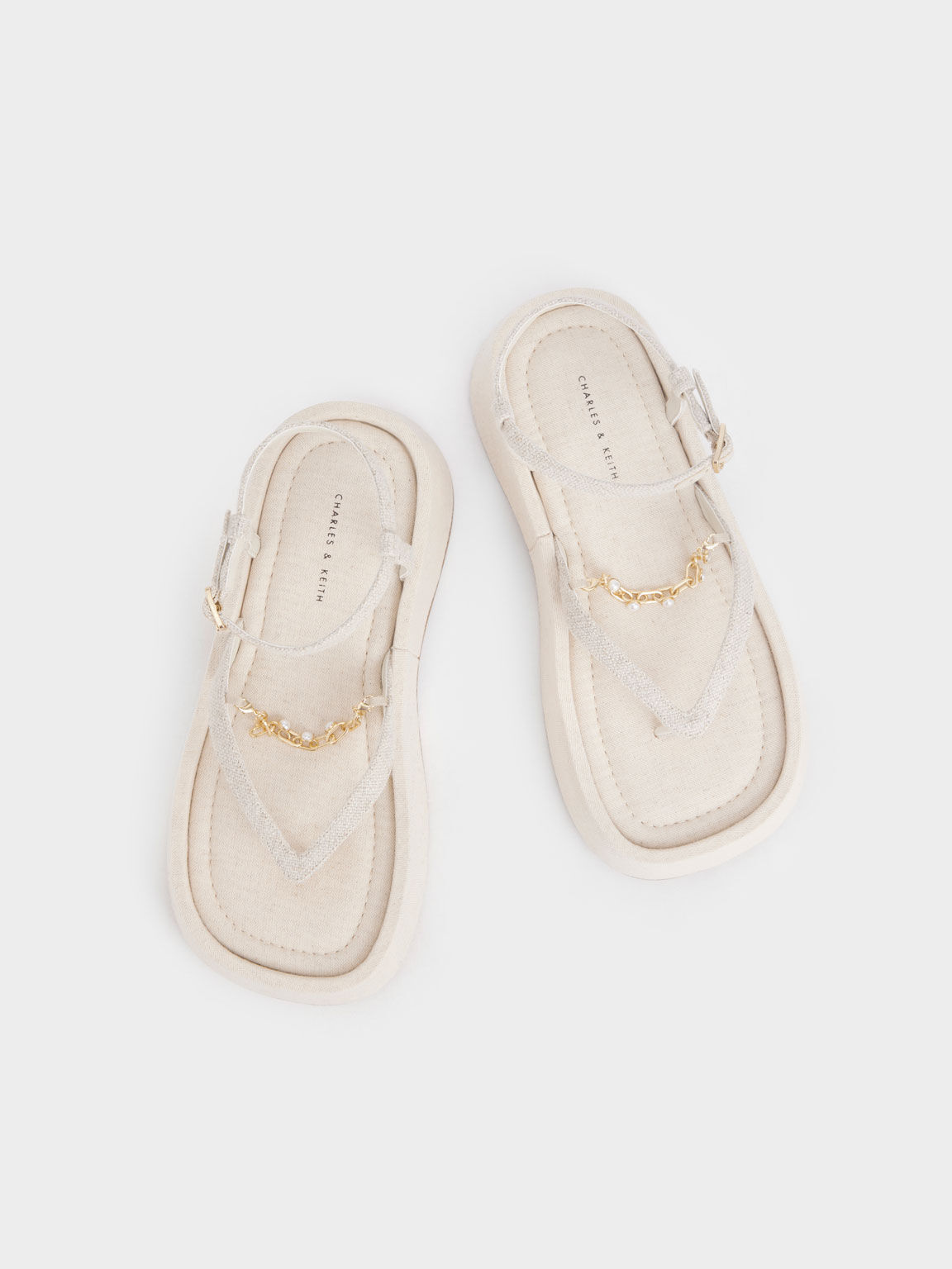 Sandal Flatforms Savannah Chain-Embellished Ankle-Strap Linen, Beige, hi-res