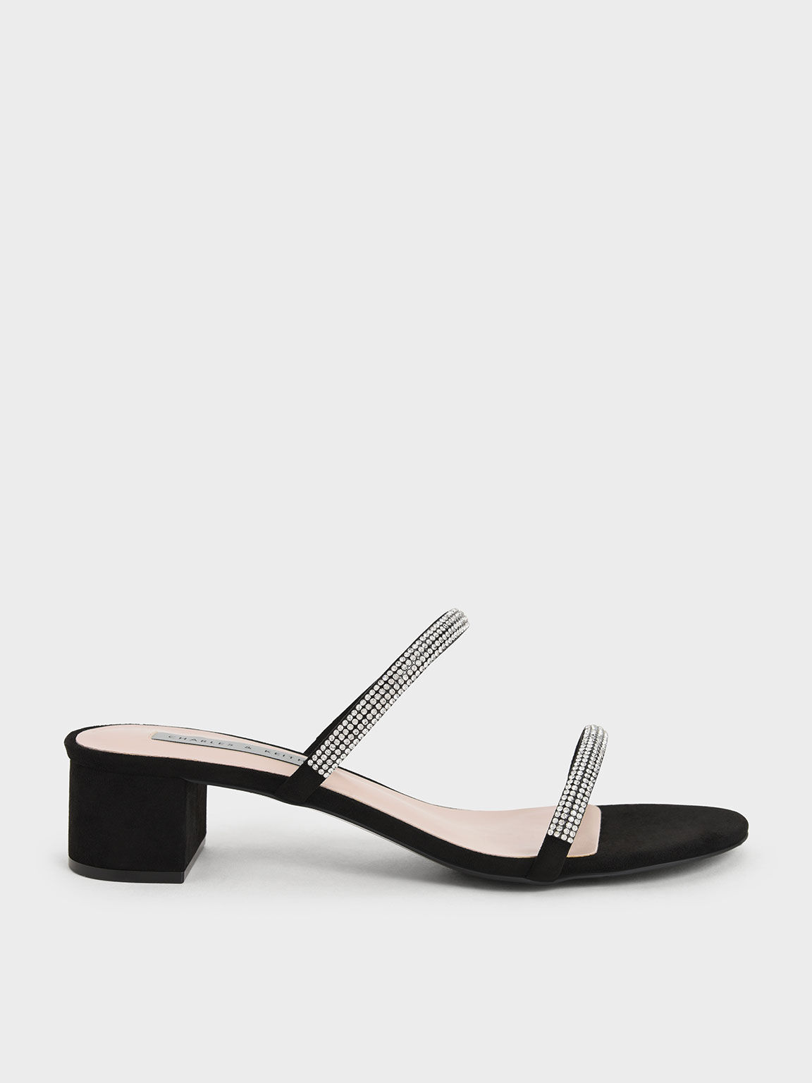Sepatu Mules Strappy Heeled Gem-Encrusted, Black, hi-res