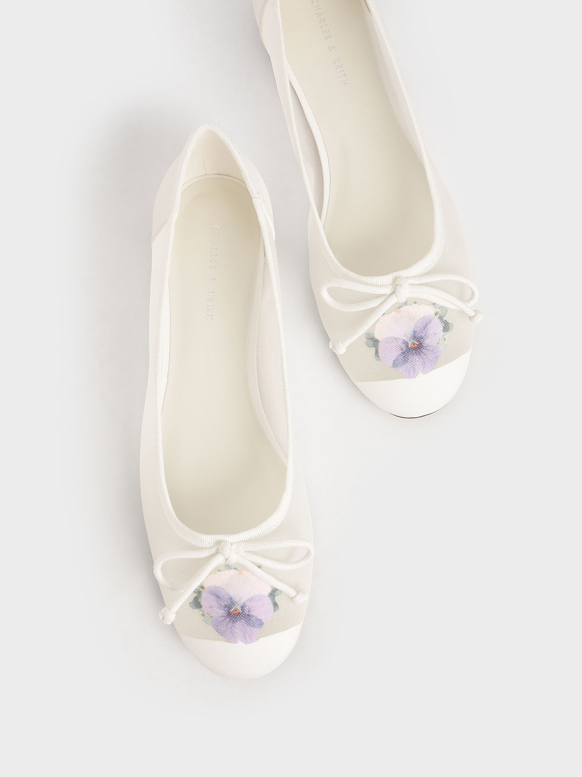 Mesh & Floral Print Bow Ballerinas, White, hi-res