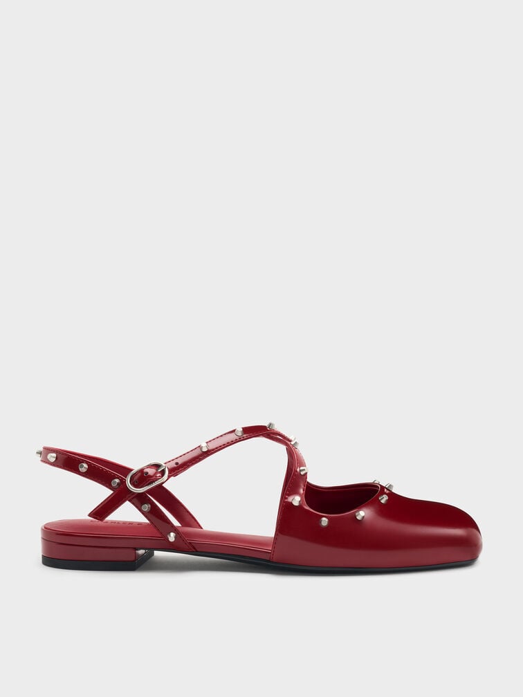 Sepatu Flats Slingback Crossover Studded, Red, hi-res
