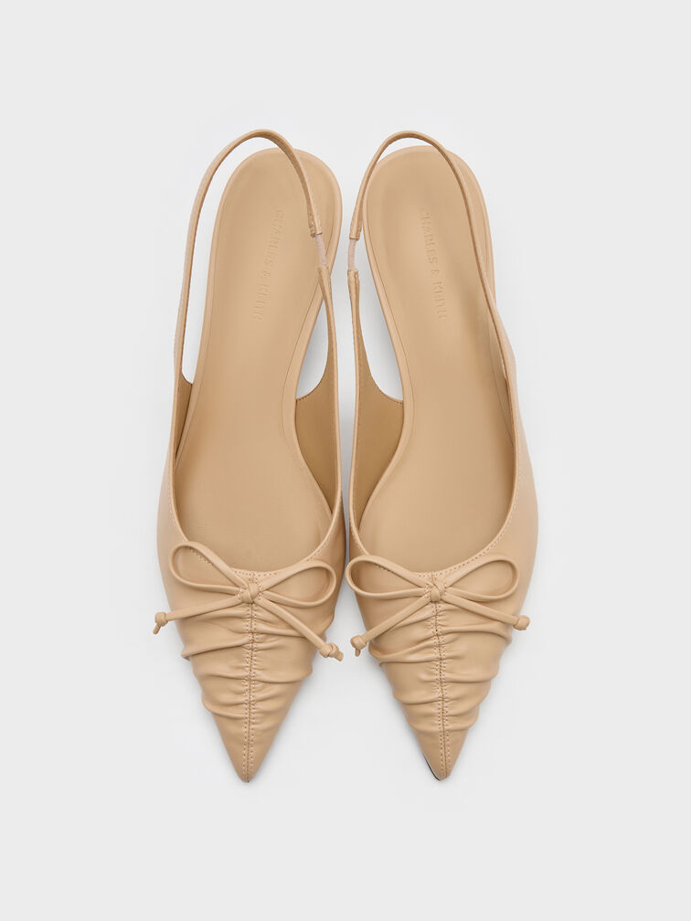 Ruched Bow Slingback Kitten Heels, Sand, hi-res