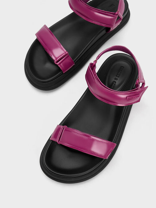 Patent Strappy Sports Sandals, Fuchsia, hi-res