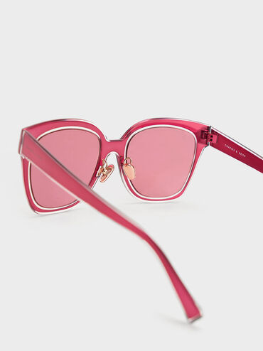 Oversized Square Metallic Accent Sunglasses, Fuchsia, hi-res