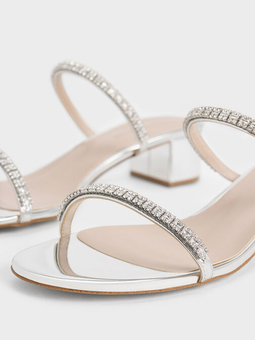Sepatu Mules Gem-Embellished Ambrosia Metallic, Silver, hi-res