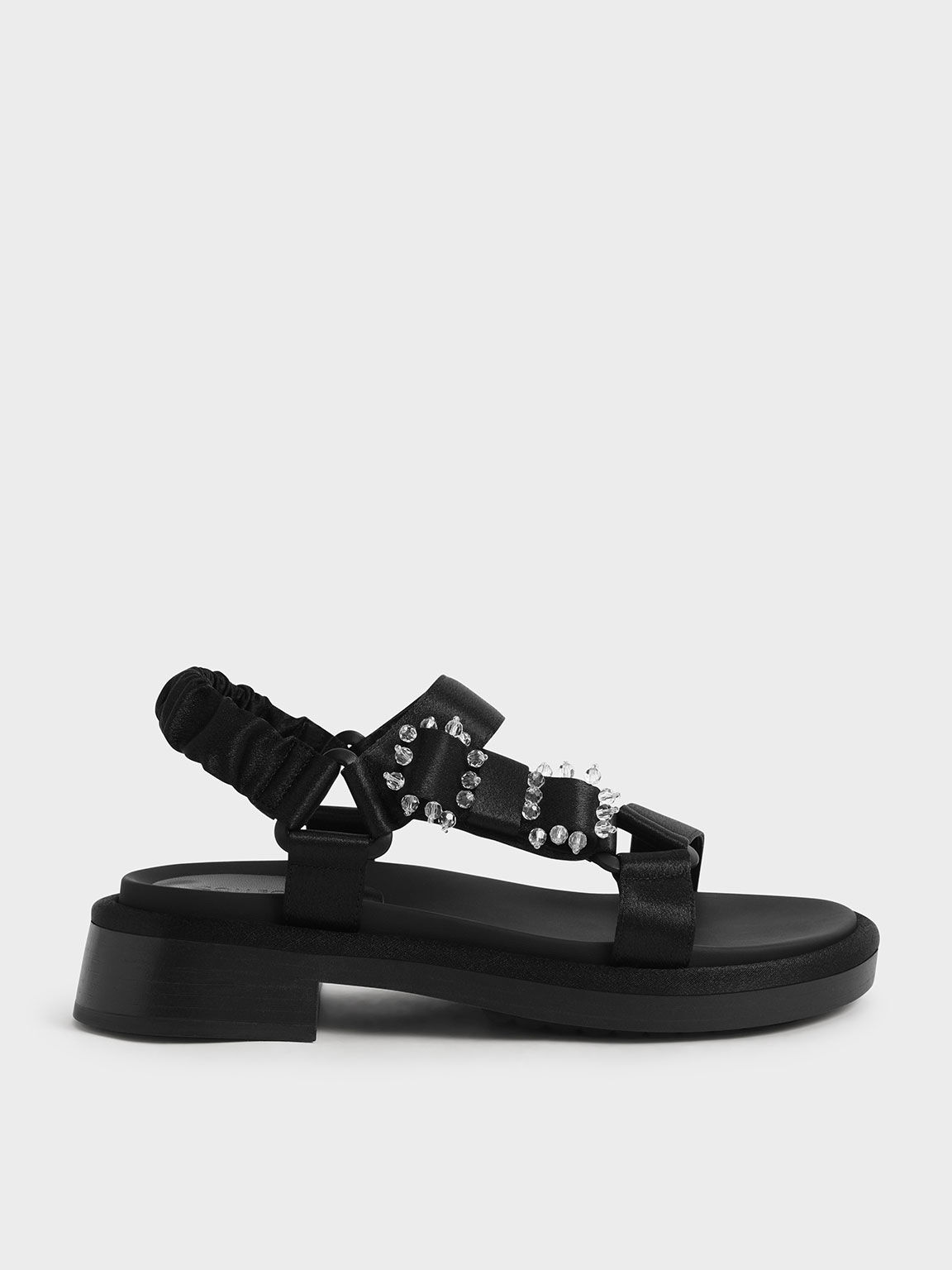 Sandal Miko Gem-Embellished Satin, Black, hi-res