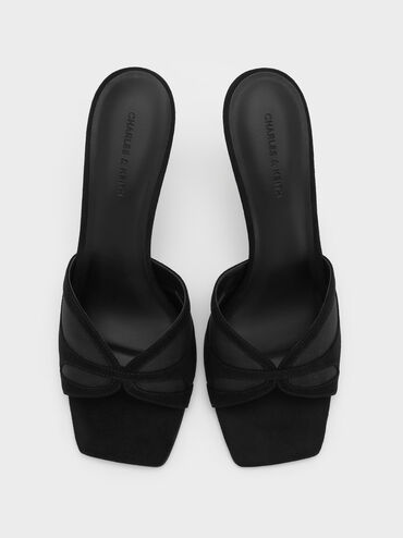 Sepatu Mules Heeled Mesh & Faux Suede, Black Textured, hi-res
