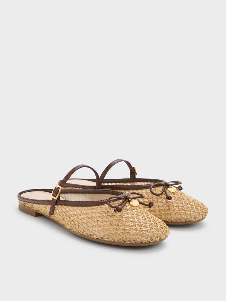 Raffia Bow Mary Jane Mules, Dark Brown Textured, hi-res