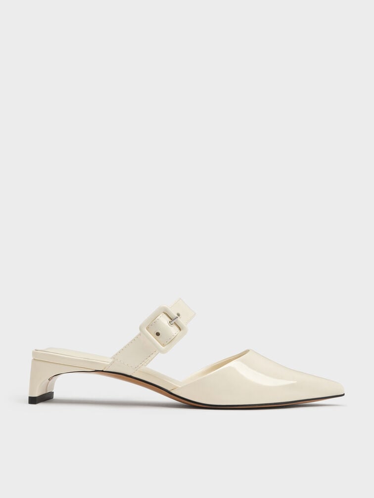 Sepatu Mules Heeled Buckle-Strap Patent, Butter, hi-res