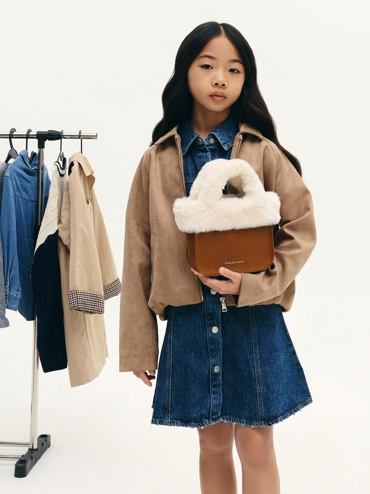 Girls' Wendy Faux Fur Tote Bag, Brown, hi-res