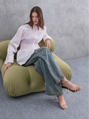 Patent Strappy Heeled Sandals, Taupe, hi-res