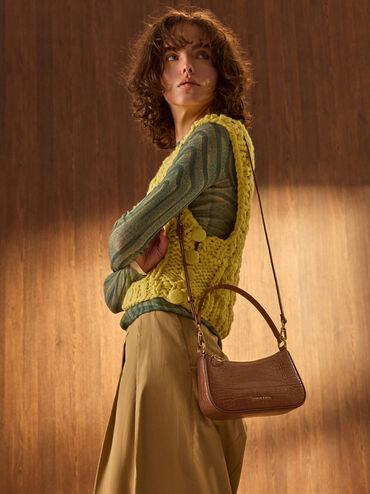 Tas Bahu Chain-Link Croc-Effect Eispeth, Chocolate Croco, hi-res