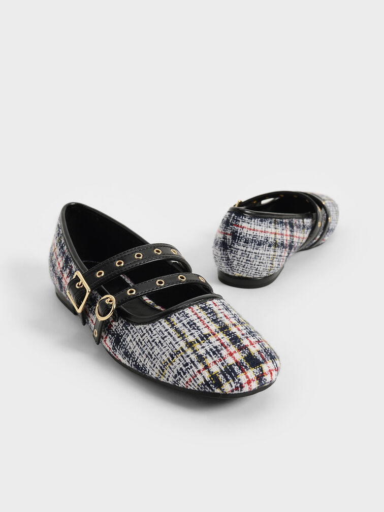 Sepatu Girls' Tweed Grommet Strap Mary Janes, Dark Blue, hi-res