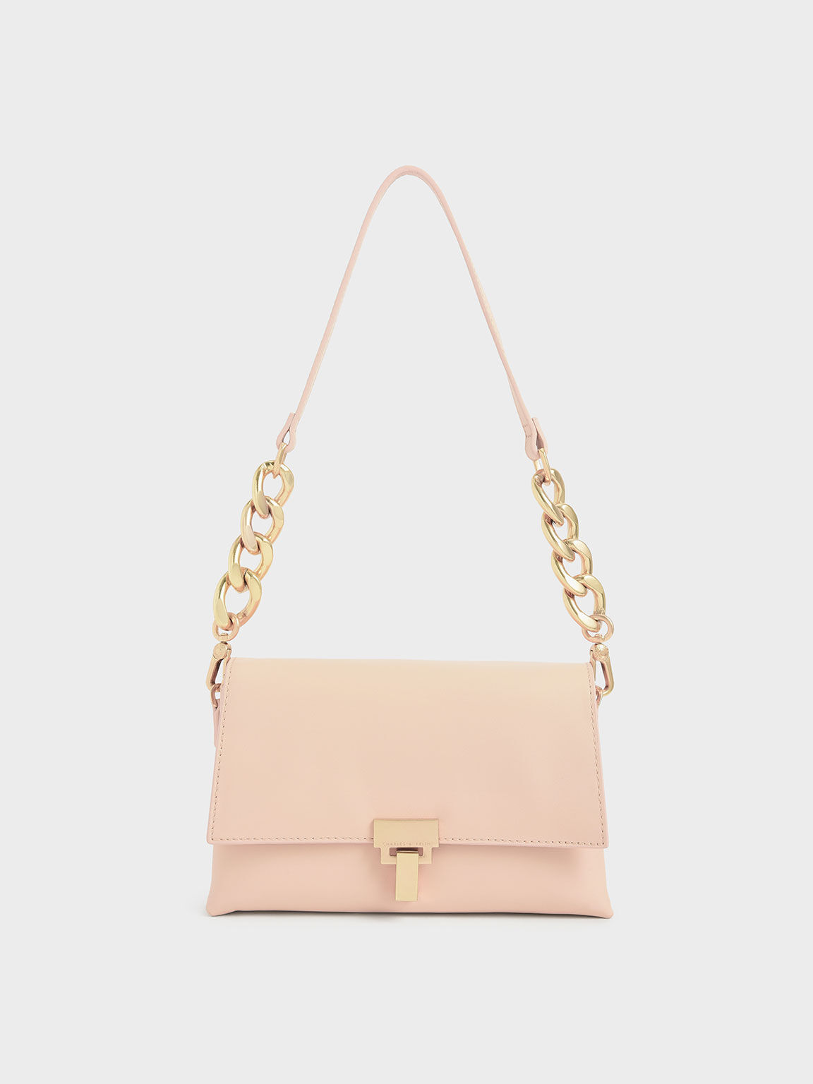 Leather Push-Lock Shoulder Bag, Light Pink, hi-res