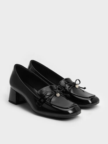 Circle-Charm Bow Loafer Pumps, Black Box, hi-res