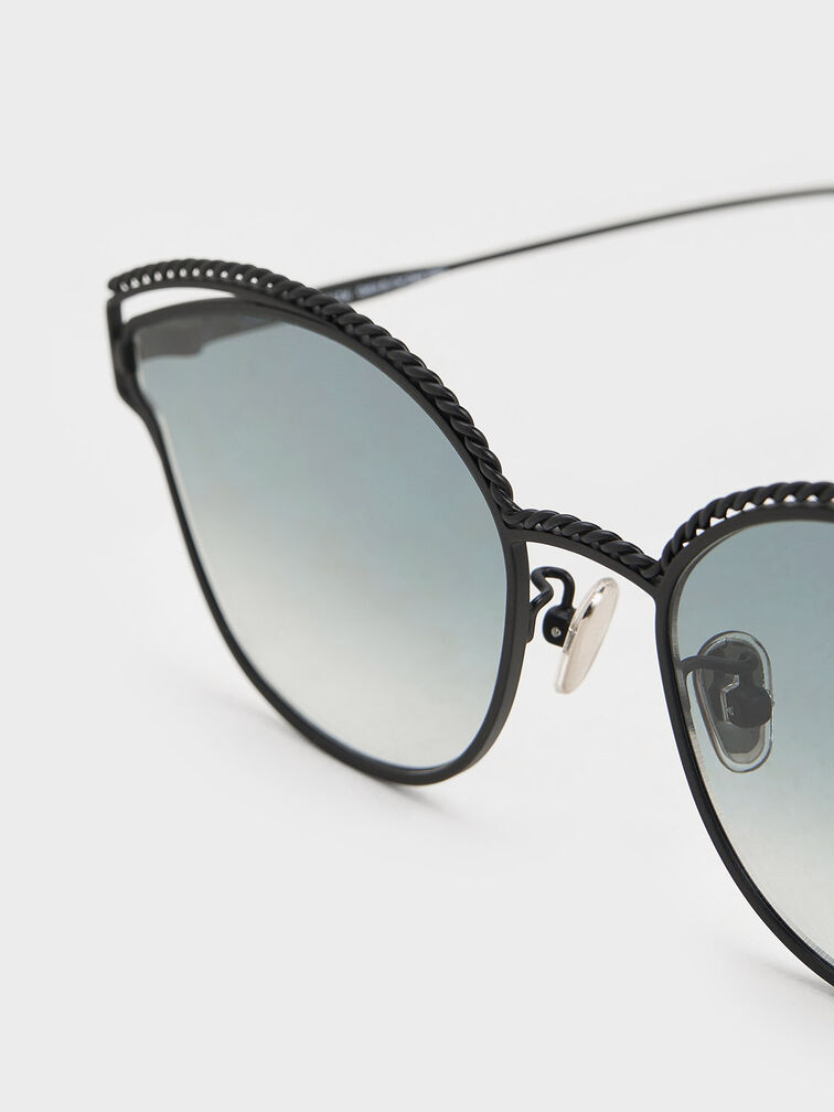 Braided Wire-Frame Cateye Sunglasses, Black, hi-res